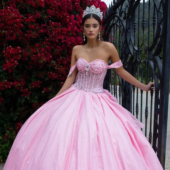 New Strapless Long Ball Glitter Netting Dress w/ Sheer Structural Bodice GL3527 - Picture 1 of 15